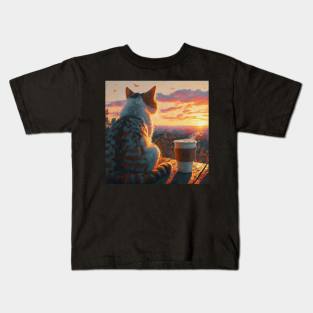 funny cat watching sunset with coffee, funny cats and coffee, cats lover Kids T-Shirt